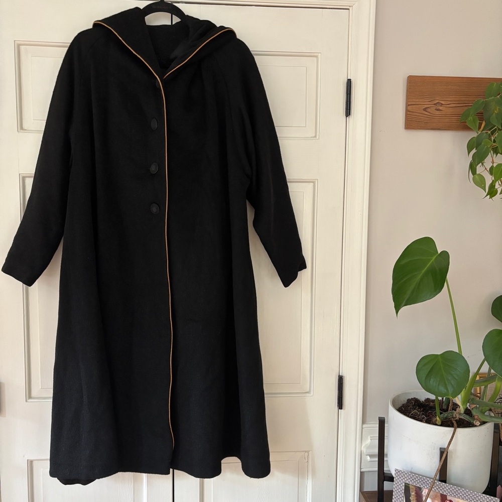 Vintage 1940s Union Wool Black Hooded Swing Coat Gold Trim VTG Union Made in USA